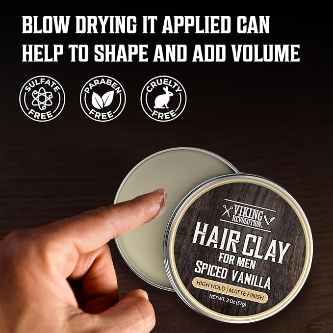 Viking Revolution Spiced Vanilla Hair Clay for Men - Matte Finish, Texturizing Clay Pomade for Men with Jojoba Oil and Vitamin E - Effortless Hair Styling Cream - Strong Hold, Natural Finish (2 oz)