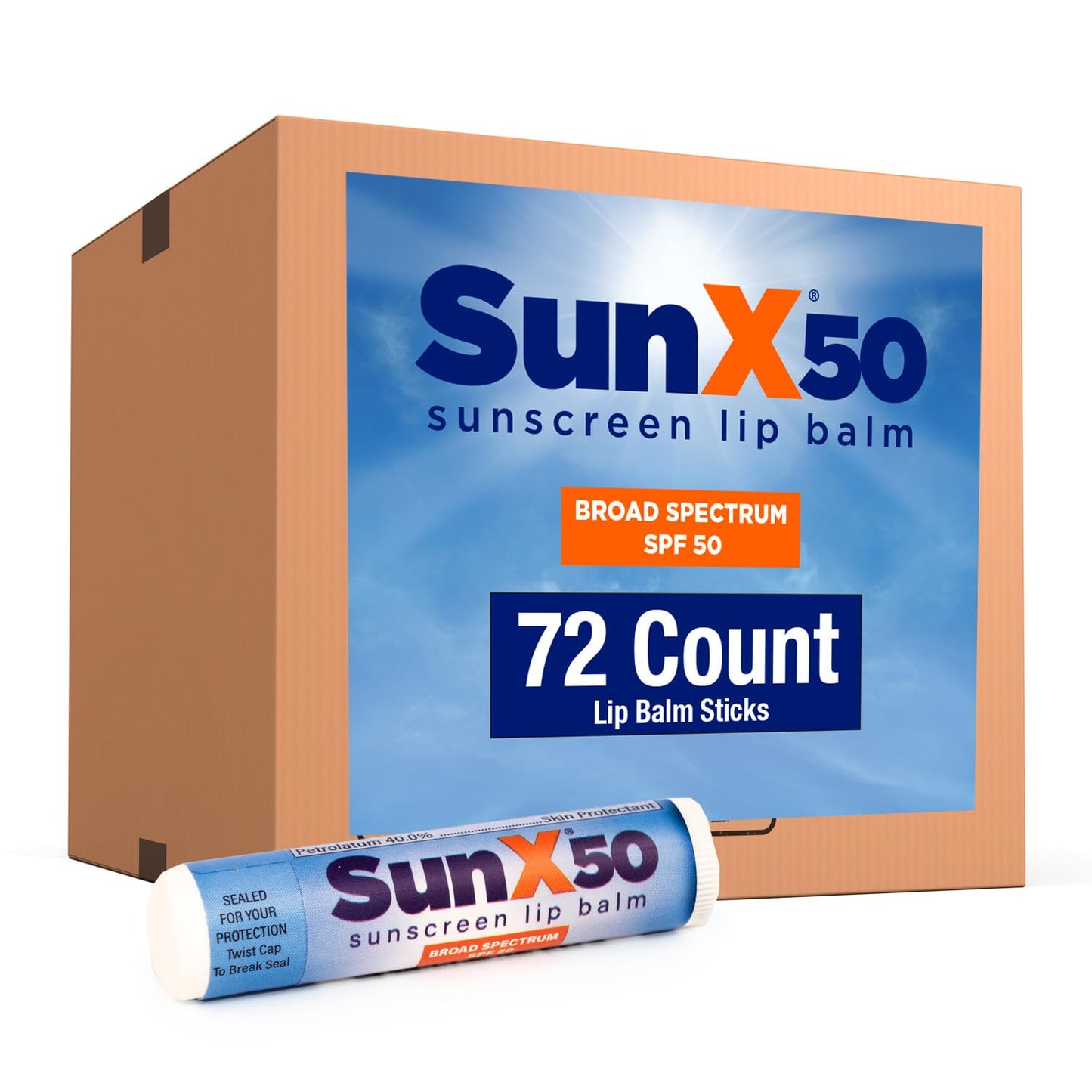 CoreTex Sun X 50 Lip Balm SPF 50 - Bulk Pack of 72 Broad Spectrum Sunscreen Lip Balms (Protects Against UVA/UVB Rays) - Water Resistant Up to 80 Minutes and Free of Parabens & Oxybenzone