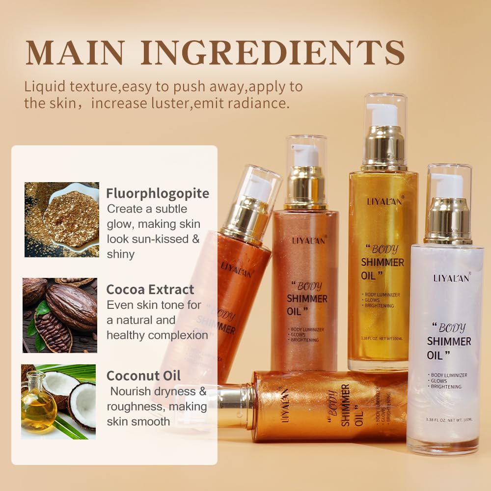 Liyalan Shimmer Body Oil Rose Gold 5 Color Bronze Face Glow Pearl Highlighter Illuminator body Makeup Shine Glitter Gold Liquid Taning(3.38 Fl Oz/05)