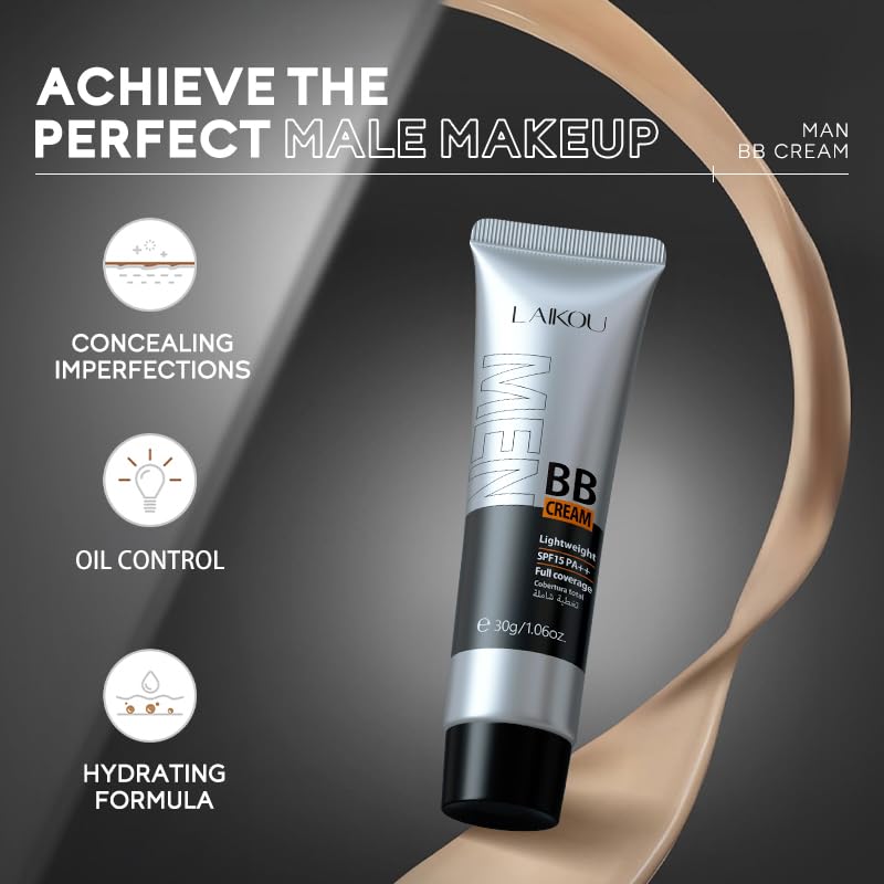 AKARY Hydrating Men BB Cream SPF 15 PA++, Full-Coverage Foundation&Concealer, Mens Face Moisturizer Cream Evens Skin Tone, Oil Control and Cover Flaws, Natural Finish for All Skin Types, Chocolate 420