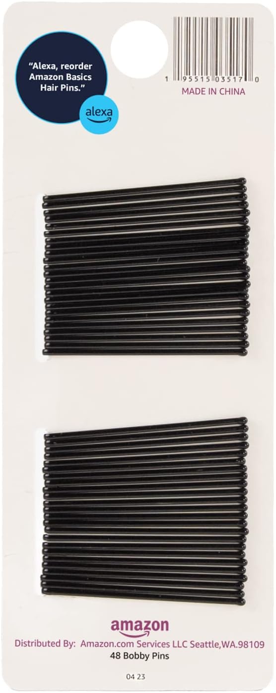 Amazon Basics Bobby Pins, Black Hair Pins for all Hair types, 48 Count
