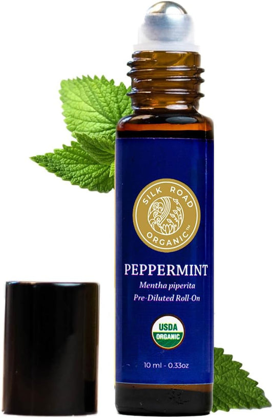 Silk Road Organic Peppermint Essential Oil Roll On, Mentha Piperita, 100% Pure USDA Certified Aromatherapy - Headache, Morning Sickness, Nausea, Energy & Hair - 10 ml Roller