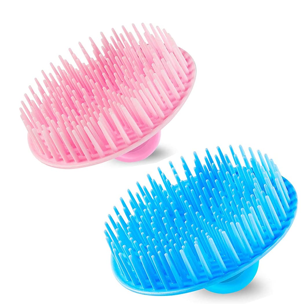 2Pack Hair Scalp Exfoliator Brush Dandruff Cleaning brush, Flexible Scalp Massager, Shower Shampoo Brush for Home, Office, Travel and Pets-Pink/Blue