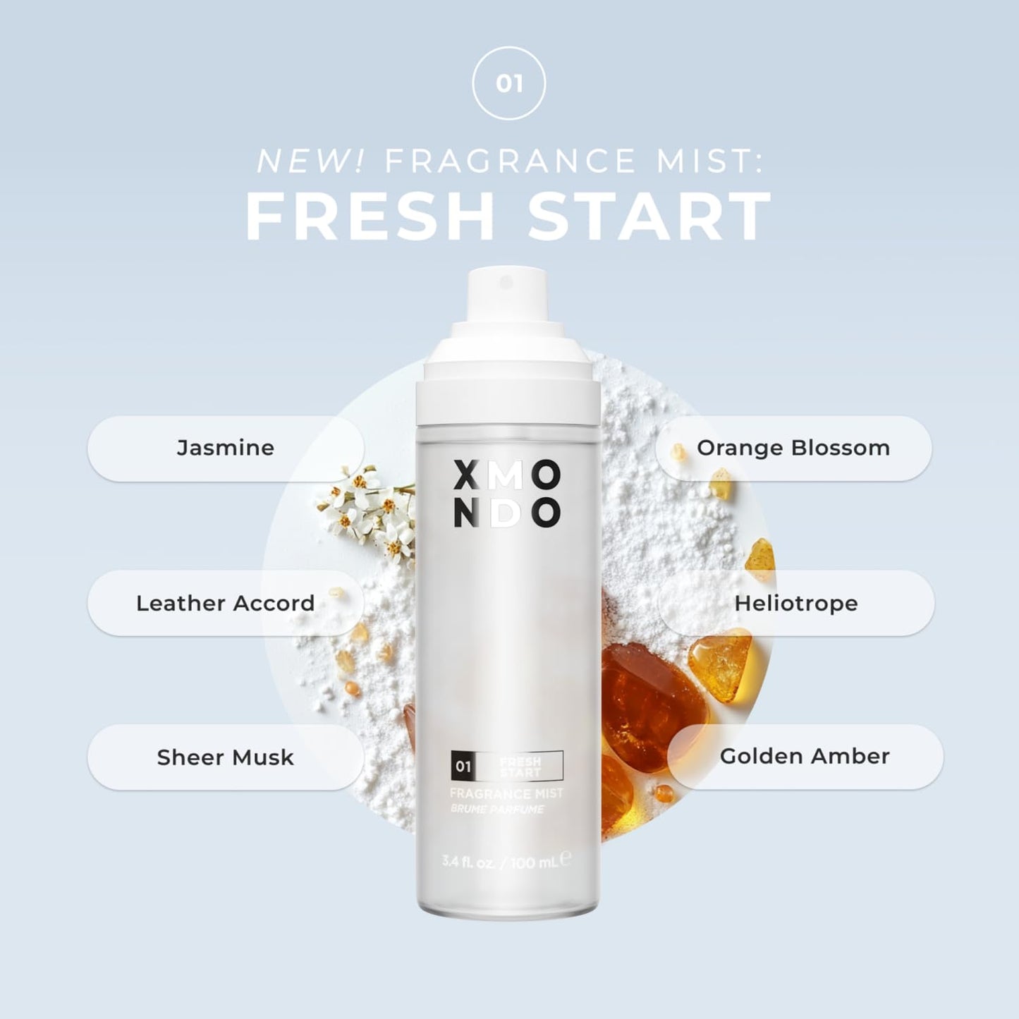 XMONDO 01 Fresh Start Fragrance Mist - Lightweight Hair & Body Perfume Mist with Hyalurionic Acid & Squalane, Fresh Clean Scent, 3.4 fl oz / 100 mL