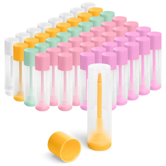 JuLand 50 Pack Empty Lip Balm Containers Bulk 5.5ml - Clear Twist-Up Tubes with Multi-Colored Caps, Refillable Chapstick Tube for DIY Lip Balm Making