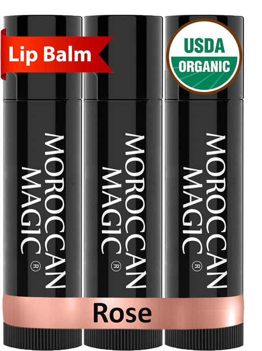 Moroccan Magic Organic Rose Lip Balm 3 Pack | Ultra-Hydrating Argan & Essential Oil Lip Moisturizer + Vitamin E | Natural Chapstick for Dry Lips | Smooth, Non-Toxic | Organic Lip Balm
