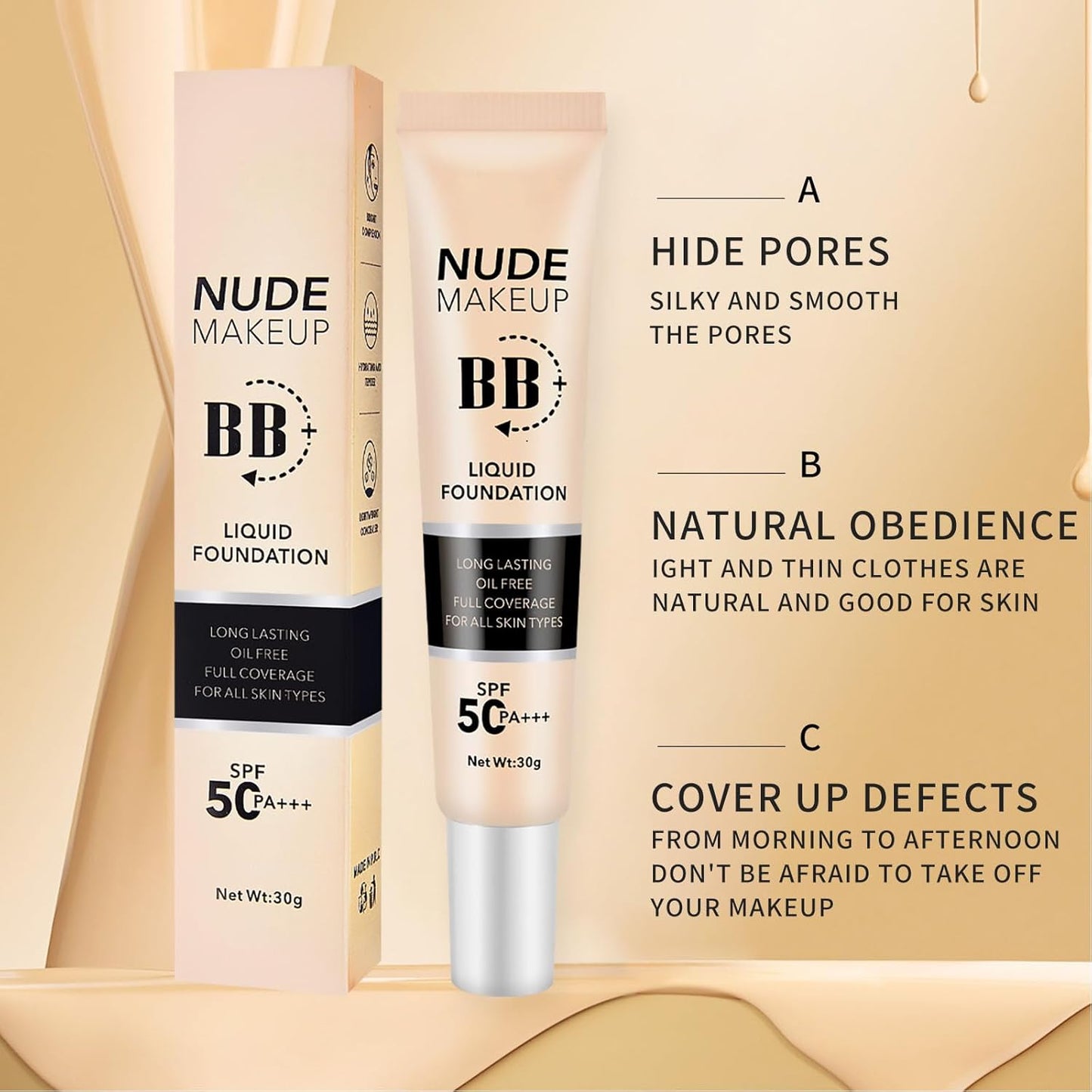 BB Cream Tinted Moisturizer with SPF50, BB Cream Full Coverage Foundation Hide Pore Spot, Hydrating LightWeight Matte BB Cream, Waterproof Long Lasting BB Cream for Oily Skin (Natural)