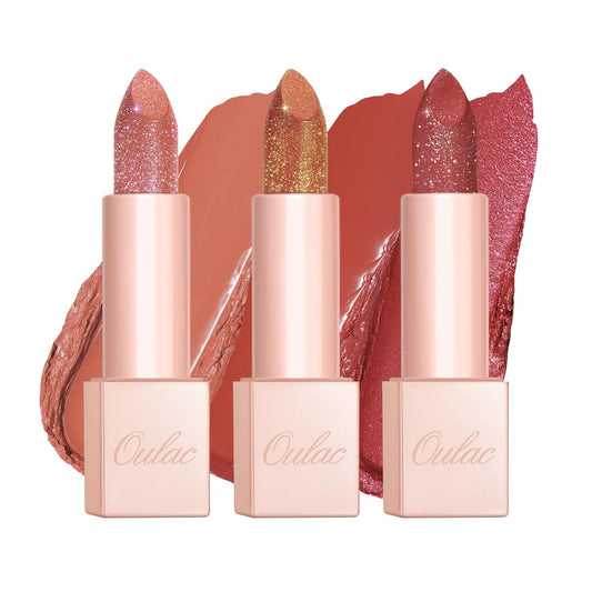 Oulac Moisture Shine Lipstick Set 3PCS - Infinity High Shine Finish, Hydrating Vegan Lipstick Infused with Damask Rose Oil for All-Day Comfort, Gluten-Free, PG11+PG09+D04