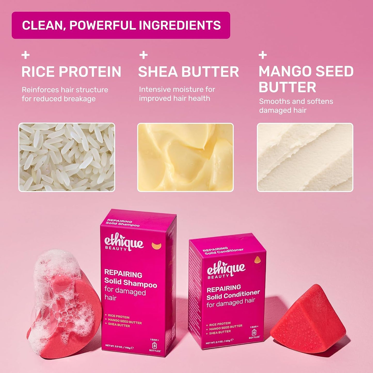 Ethique Repairing Shampoo Bar for dry, damaged hair with Rice Protein - Plastic-Free, Vegan, Cruelty-Free, 3.88 oz - Formerly Sorbet