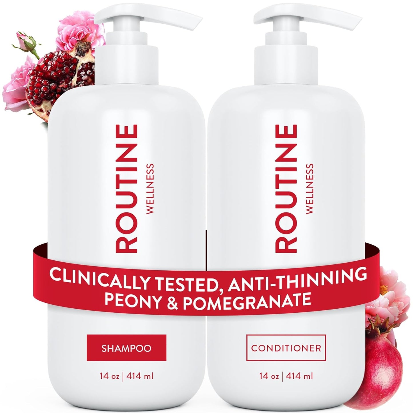 Routine Wellness Anti-Thinning Shampoo and Conditioner Set for Thinning Hair - Biotin DHT Blocker Women & Men - Color Safe Shampoo for Hair Loss & Healthier Hair - Peony & Pomegranate (Pack of 2)