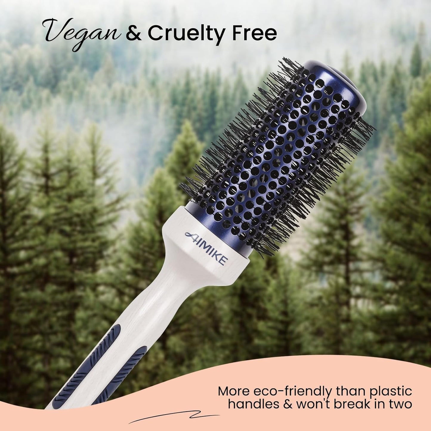 AIMIKE Nano Ionic Tech Ceramic Brush for Blow Drying, Styling and Volume Boost - Natural Wood One-Piece Design, 1.7 Inch/43mm