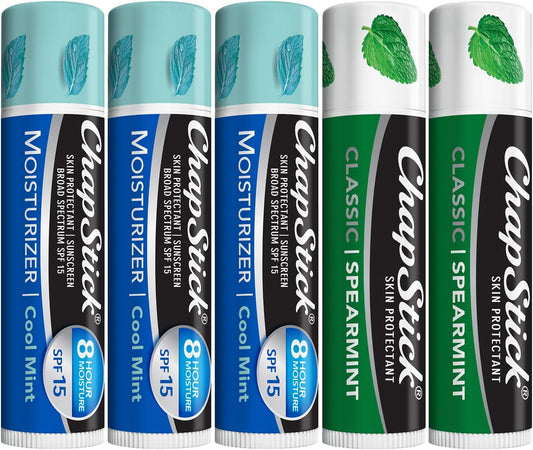 ChapStick Moisturizer 2-in-1 Lipcare SPF 15 Cool Mint 3-Pack + Classic Spearmint Lip Balm 2-Pack, 0.15 Oz Ea (5 Piece Set)